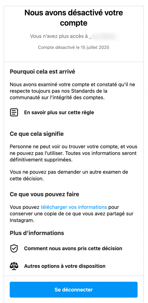 Nous avons désactivé votre compte Instagram